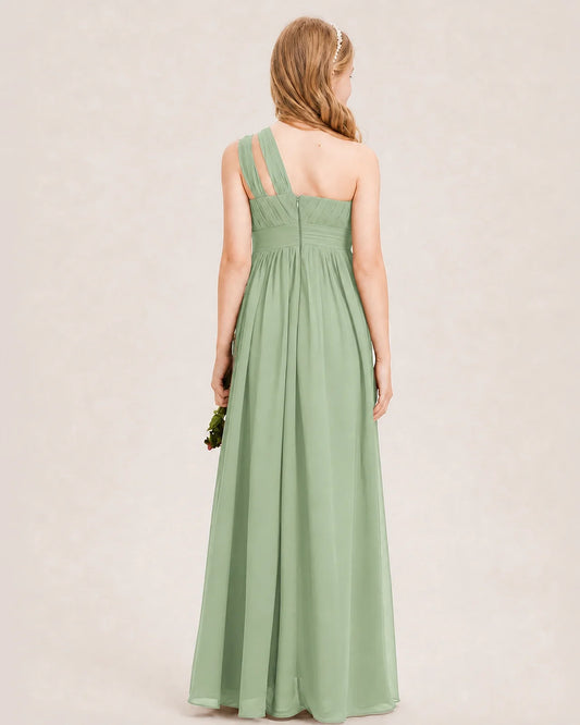 Sage Green Chiffon One-Shoulder Junior Bridesmaid Dress Back View