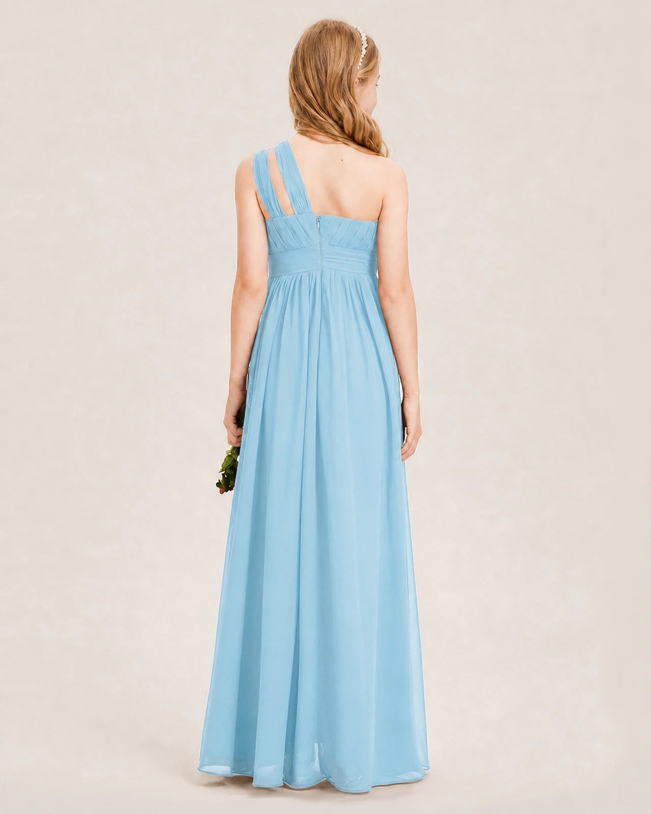 Dideyttawl One Shoulder Ruched Chiffon Junior Bridesmaid Dress