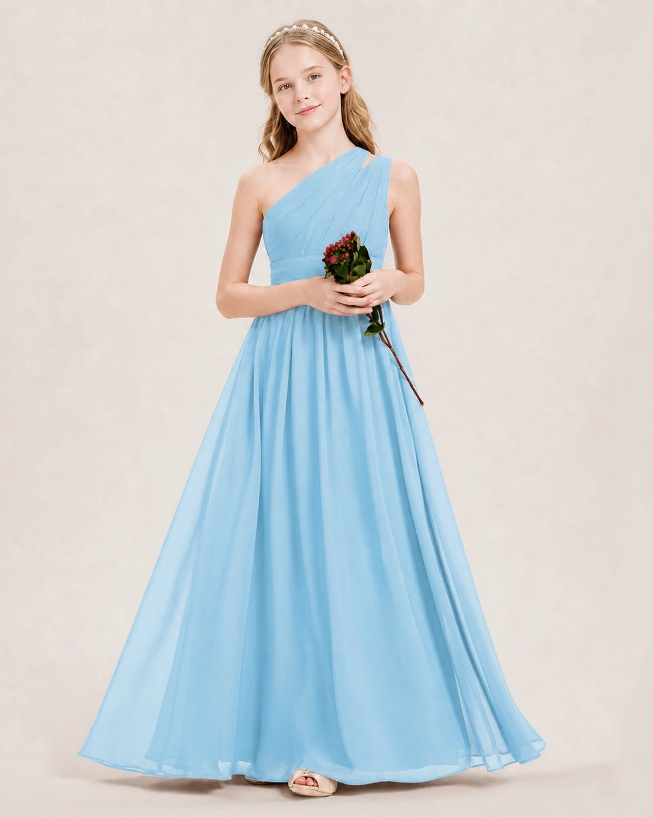 Dideyttawl One Shoulder Ruched Chiffon Junior Bridesmaid Dress