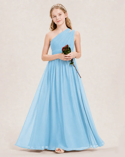 Dideyttawl One Shoulder Ruched Chiffon Junior Bridesmaid Dress