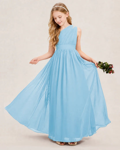 Dideyttawl One Shoulder Ruched Chiffon Junior Bridesmaid Dress