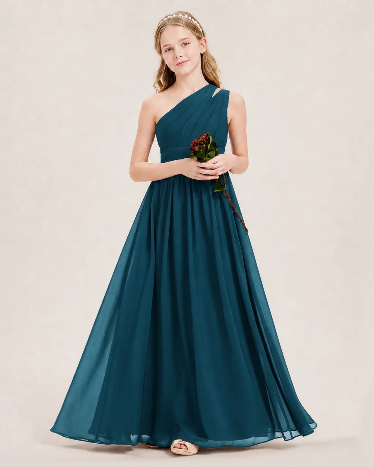 Dideyttawl One Shoulder Ruched Chiffon Junior Bridesmaid Dress