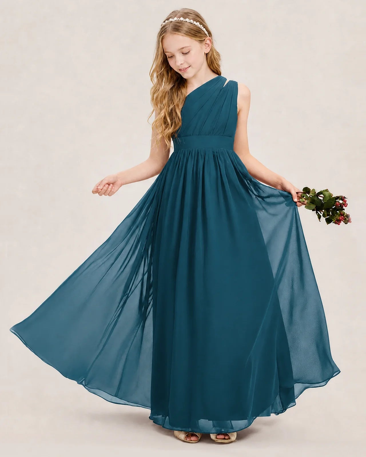 Dideyttawl One Shoulder Ruched Chiffon Junior Bridesmaid Dress