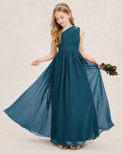 Dideyttawl One Shoulder Ruched Chiffon Junior Bridesmaid Dress