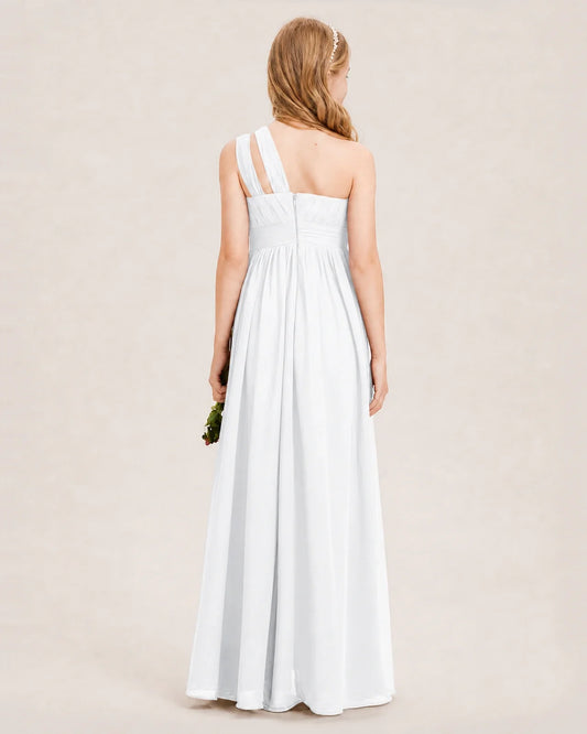 White Chiffon One-Shoulder Junior Bridesmaid Dress Back View