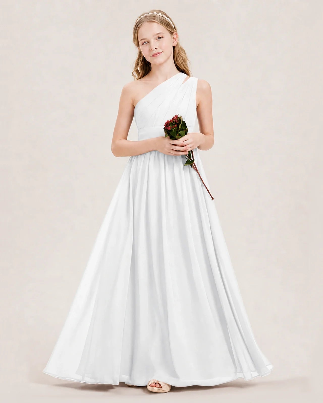 Dideyttawl One Shoulder Ruched Chiffon Junior Bridesmaid Dress