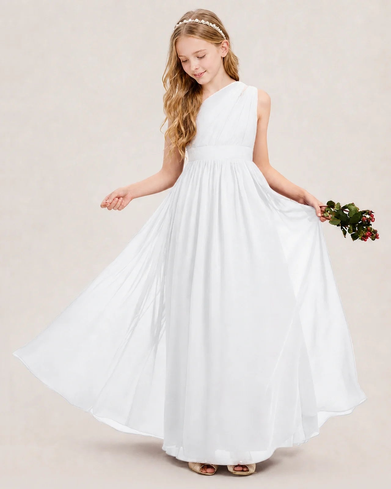 Dideyttawl One Shoulder Ruched Chiffon Junior Bridesmaid Dress