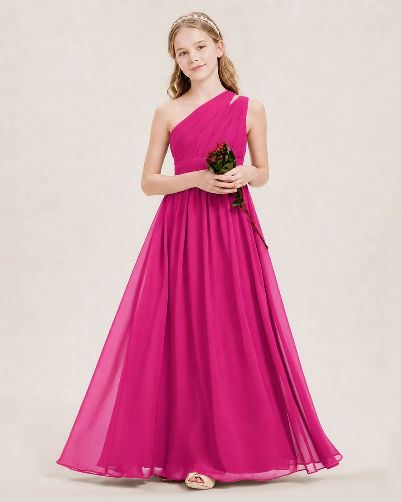 Dideyttawl One Shoulder Ruched Chiffon Junior Bridesmaid Dress