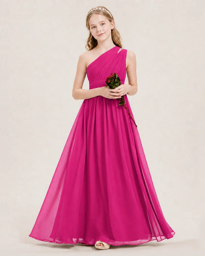 Dideyttawl One Shoulder Ruched Chiffon Junior Bridesmaid Dress