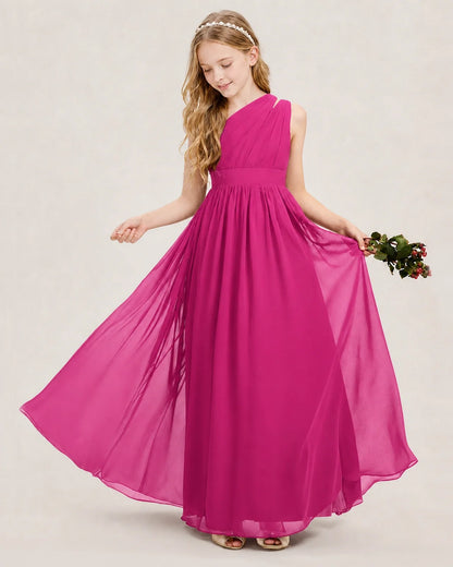 Dideyttawl One Shoulder Ruched Chiffon Junior Bridesmaid Dress