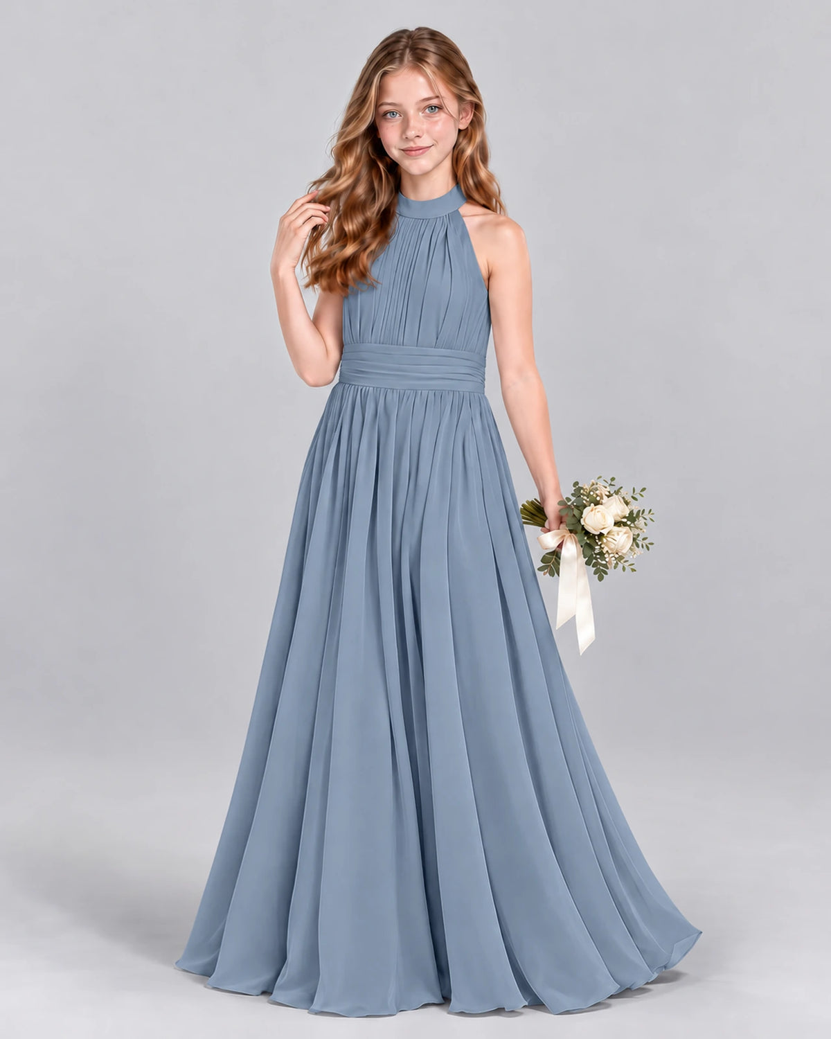 Dusty Blue A-line Junior Bridesmaid Dress Front