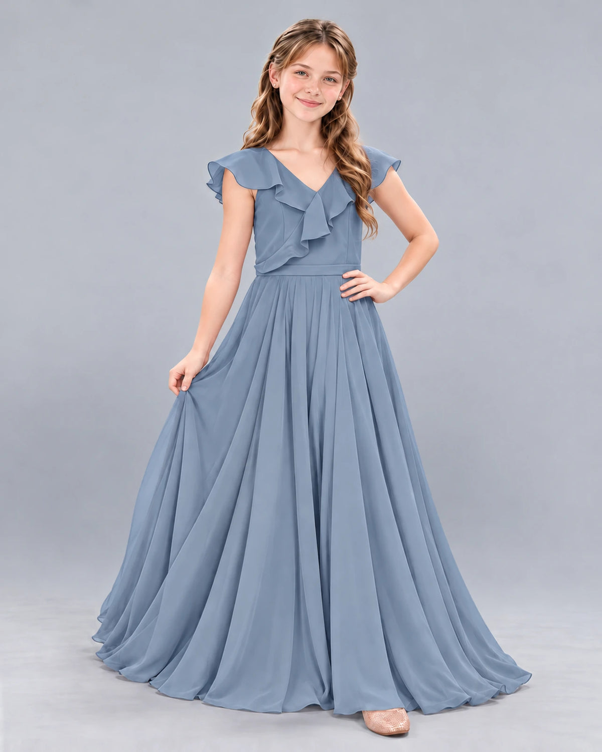 Dusty Blue A-line Junior Bridesmaid Dress Front