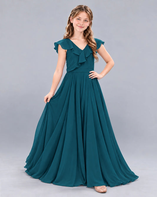 Teal A-line Junior Bridesmaid Dress Front