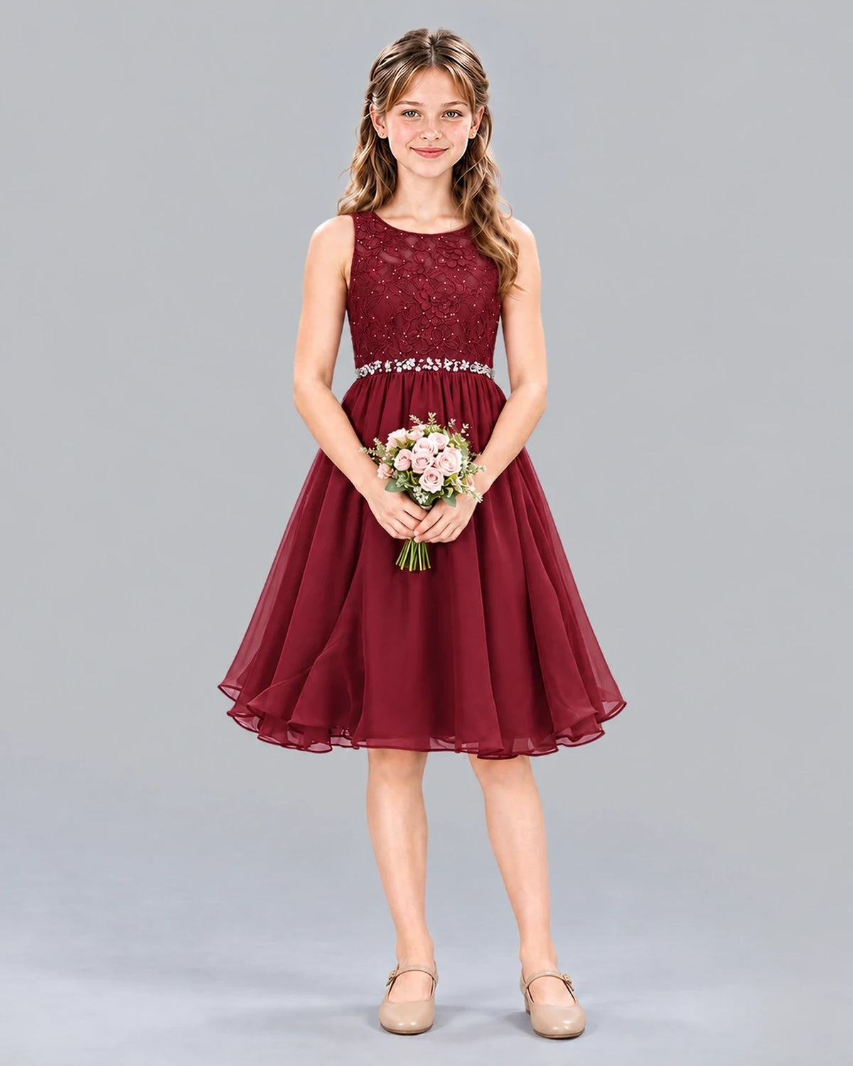 Burgundy A-line Girls Formal Dress Front