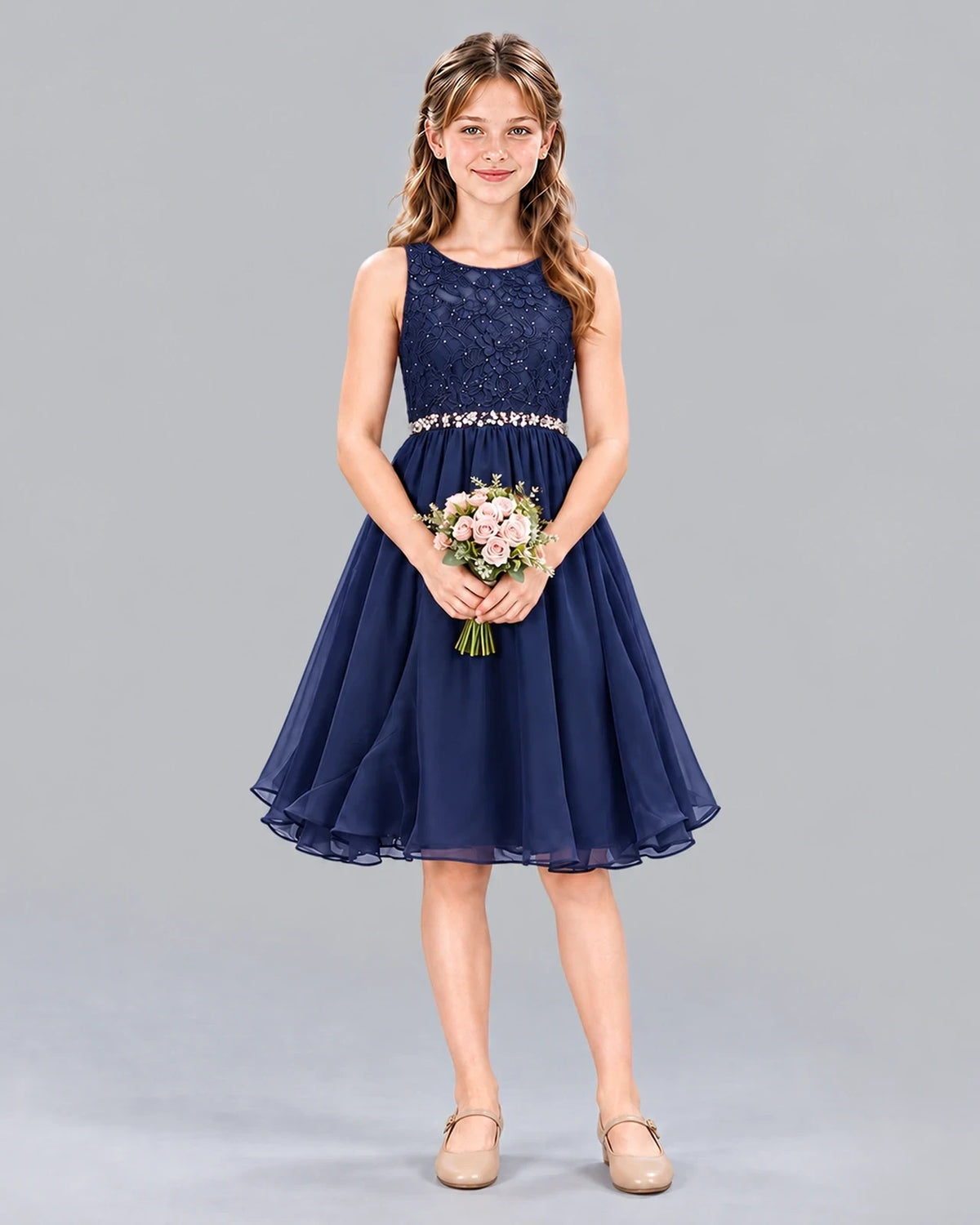 Navy Blue A-line Girls Formal Dress Front