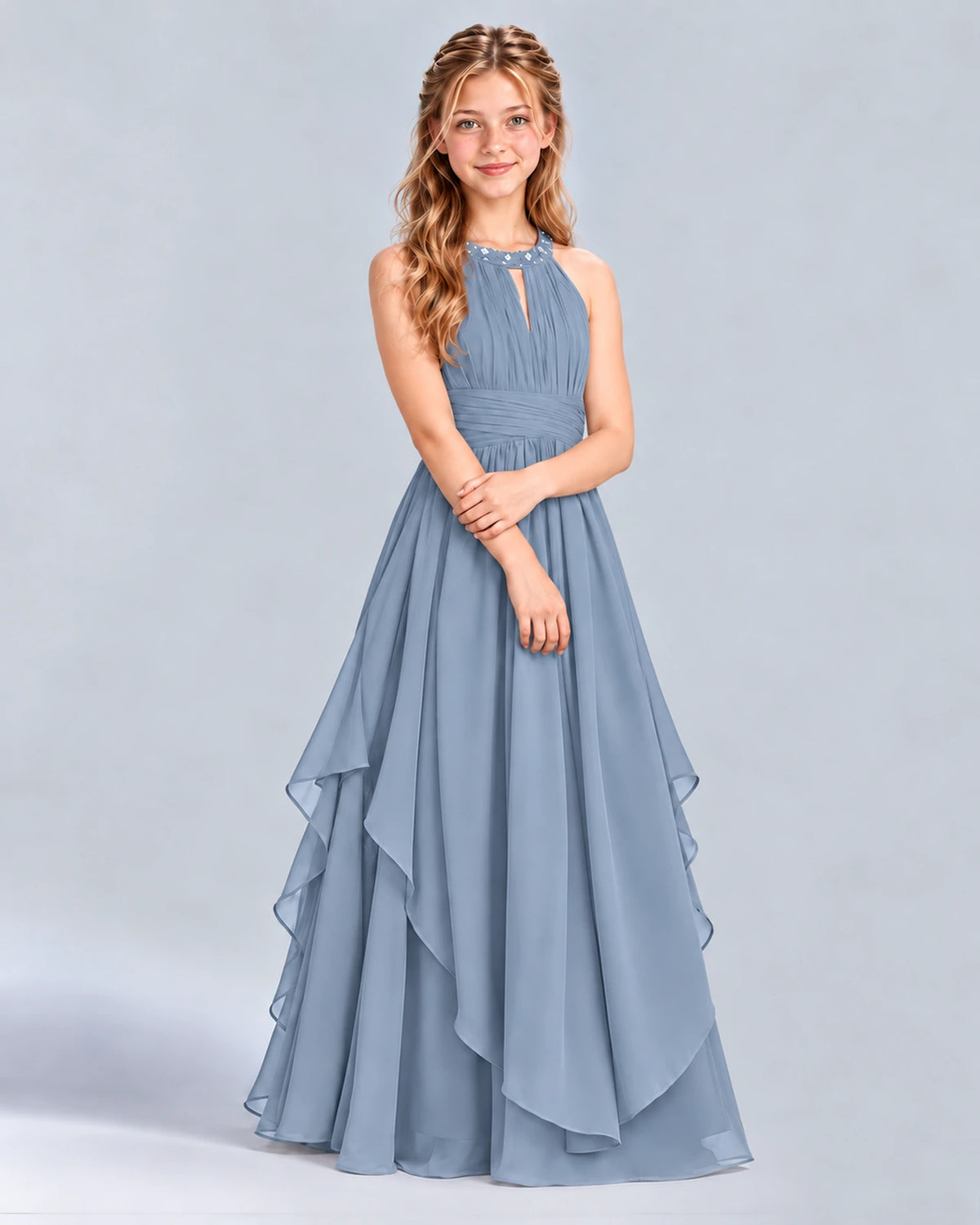 Dusty Blue A-line Junior Bridesmaid Dress Front
