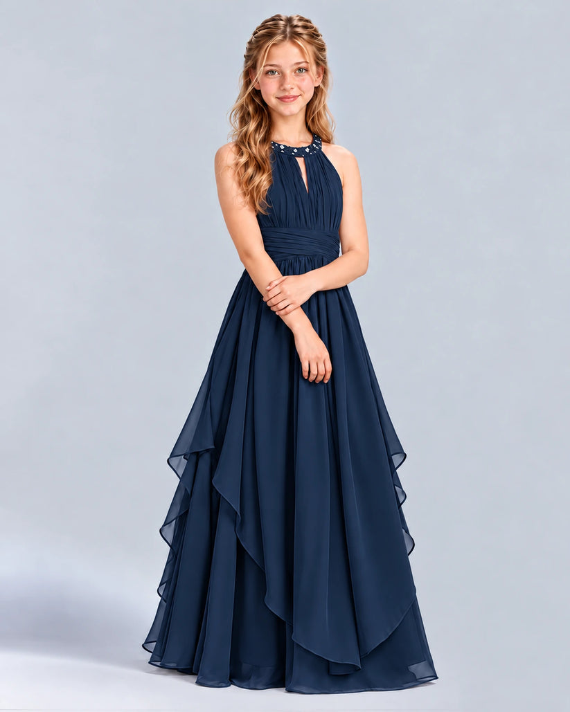 Navy Blue A-line Junior Bridesmaid Dress Front