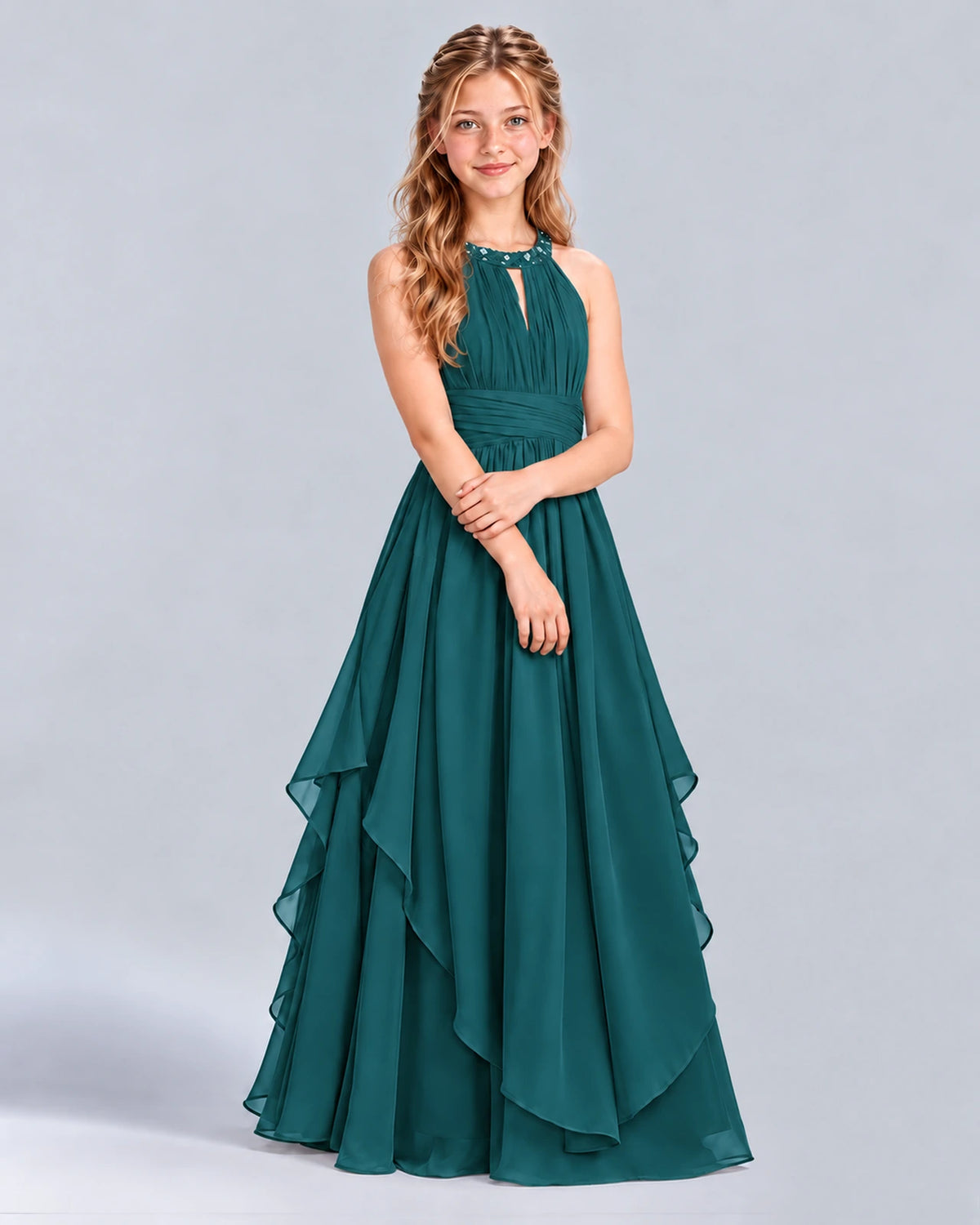 Peacock A-line Junior Bridesmaid Dress Front