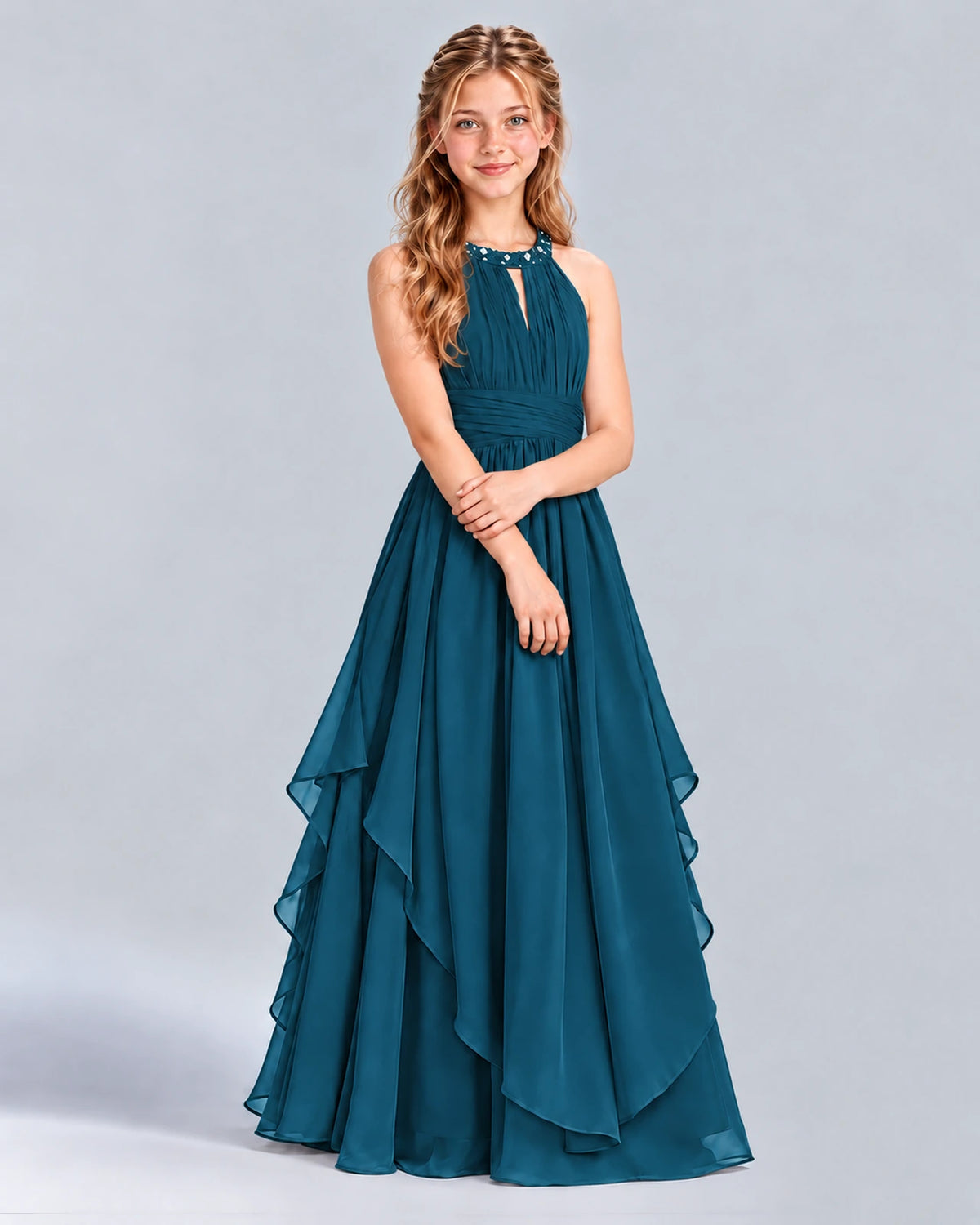 Teal A-line Junior Bridesmaid Dress Front