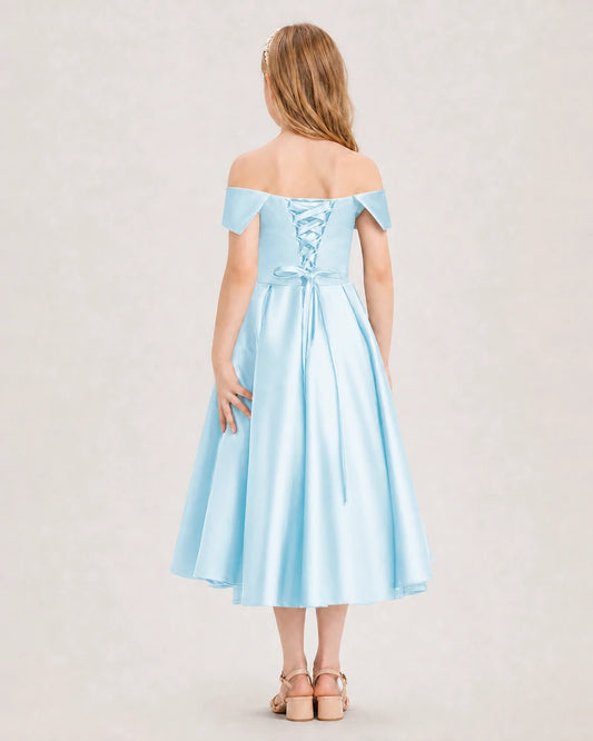 Baby Blue Satin Off-The-Shoulder Girls Formal Dresses Back View