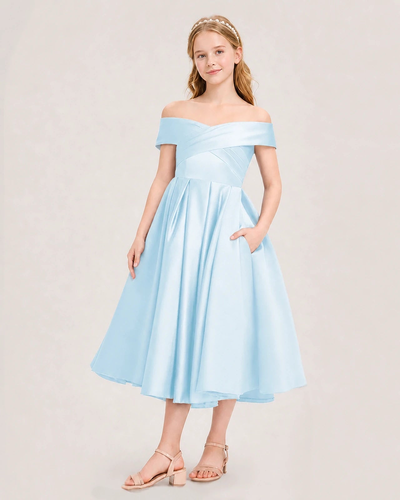 Dideyttawl Off the Shoulder Satin Girl Formal Dress with Lace-Up