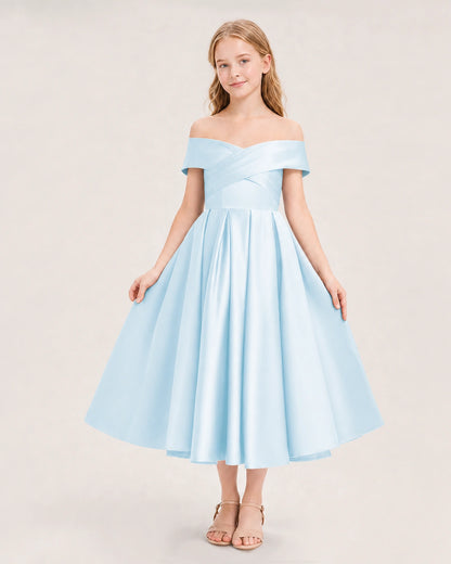 Dideyttawl Off the Shoulder Satin Girl Formal Dress with Lace-Up
