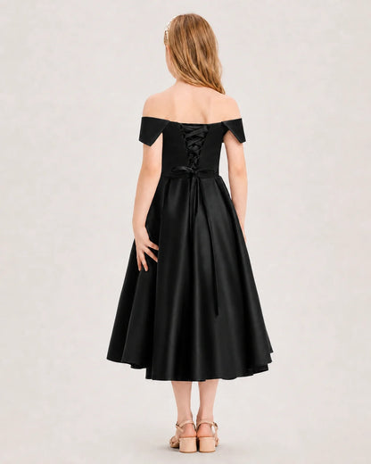 Dideyttawl Off the Shoulder Satin Girl Formal Dress with Lace-Up