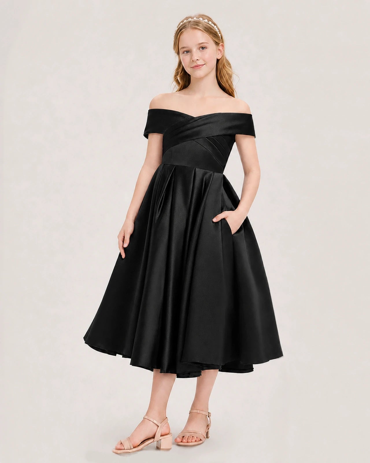 Dideyttawl Off the Shoulder Satin Girl Formal Dress with Lace-Up