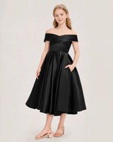 Black Satin Off-the-Shoulder Girls Formal Dresses Front View