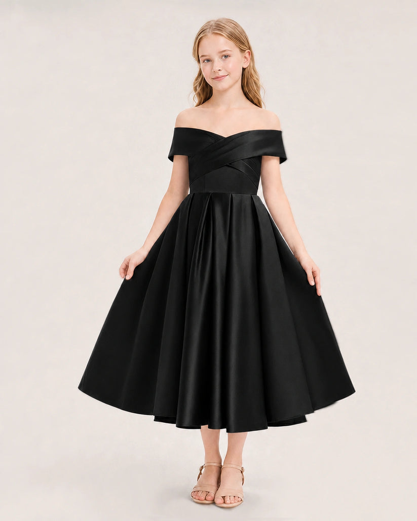 Black Satin Off-the-Shoulder Girls Formal Dresses Front View