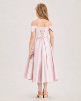 Blush Pink Satin Off-The-Shoulder Girls Formal Dresses Back View