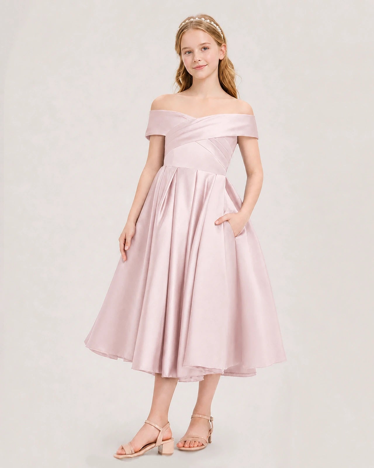 Dideyttawl Off the Shoulder Satin Girl Formal Dress with Lace-Up