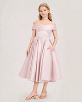Blush Pink Satin Off-The-Shoulder A-Line Girls Formal Dresses Front View