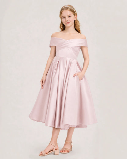 Dideyttawl Off the Shoulder Satin Girl Formal Dress with Lace-Up