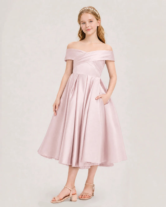 Blush Pink Satin Off-The-Shoulder A-Line Girls Formal Dresses Front View