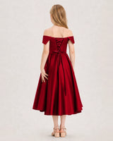 Burgundy Satin Off-the-Shoulder Girls Formal Dresses Back View