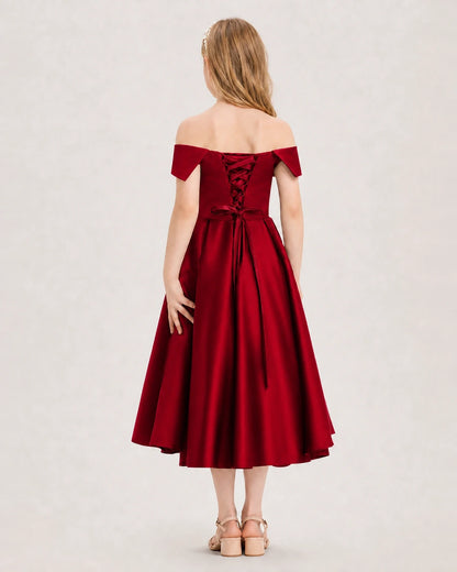 Dideyttawl Off the Shoulder Satin Girl Formal Dress with Lace-Up
