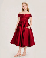 Burgundy Satin Off Shoulder Pleated Girls Formal Dresses Front View