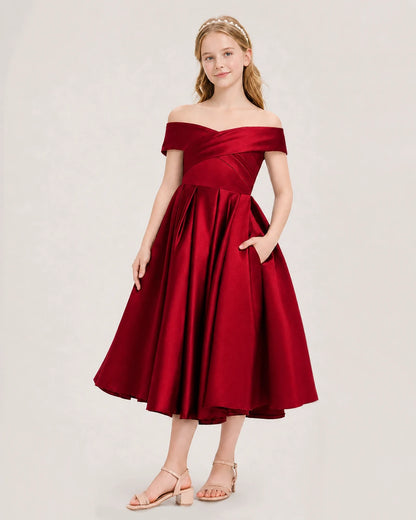 Dideyttawl Off the Shoulder Satin Girl Formal Dress with Lace-Up