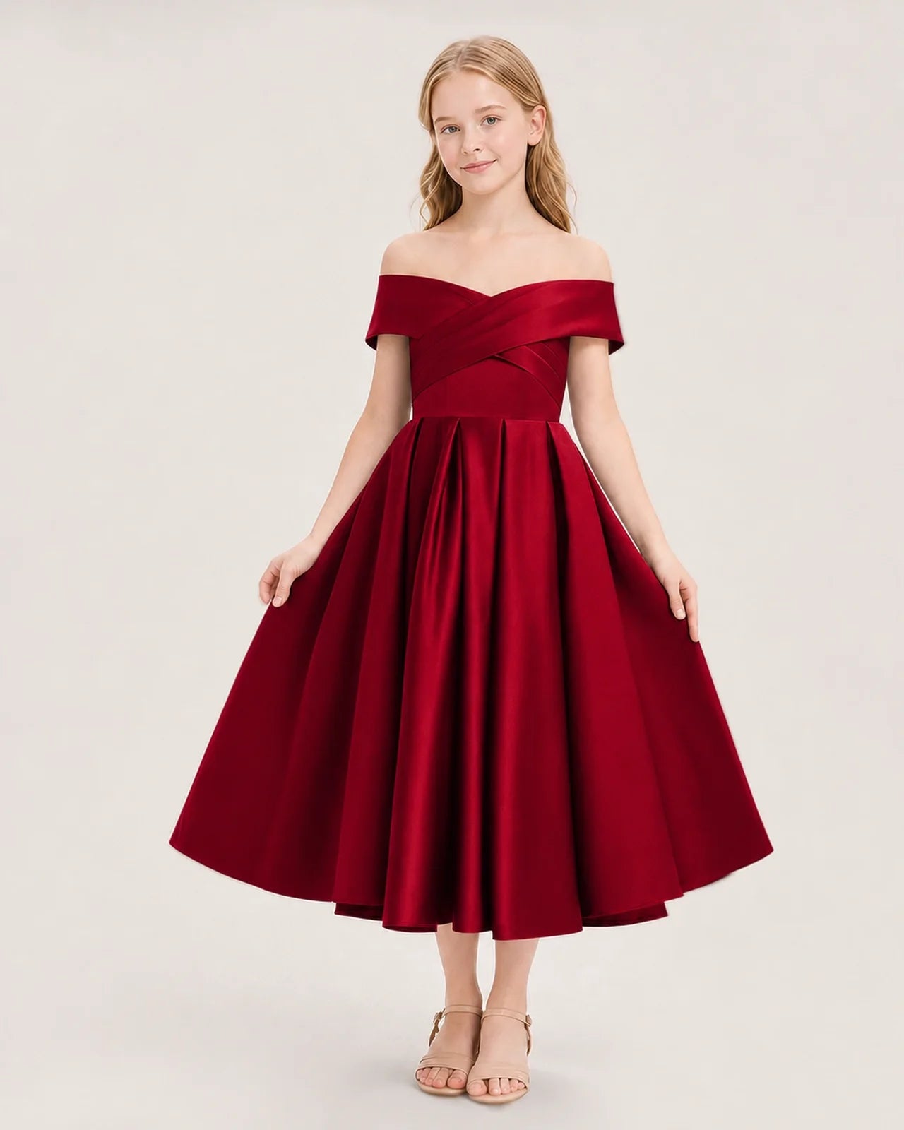 Burgundy Satin Off Shoulder Pleated Girls Formal Dresses Front View