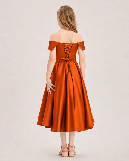 Dideyttawl Off the Shoulder Satin Girl Formal Dress with Lace-Up