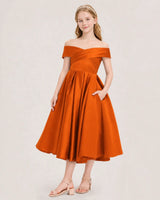 Burnt Orange Satin Off-The-Shoulder Girls Formal Dresses Front View