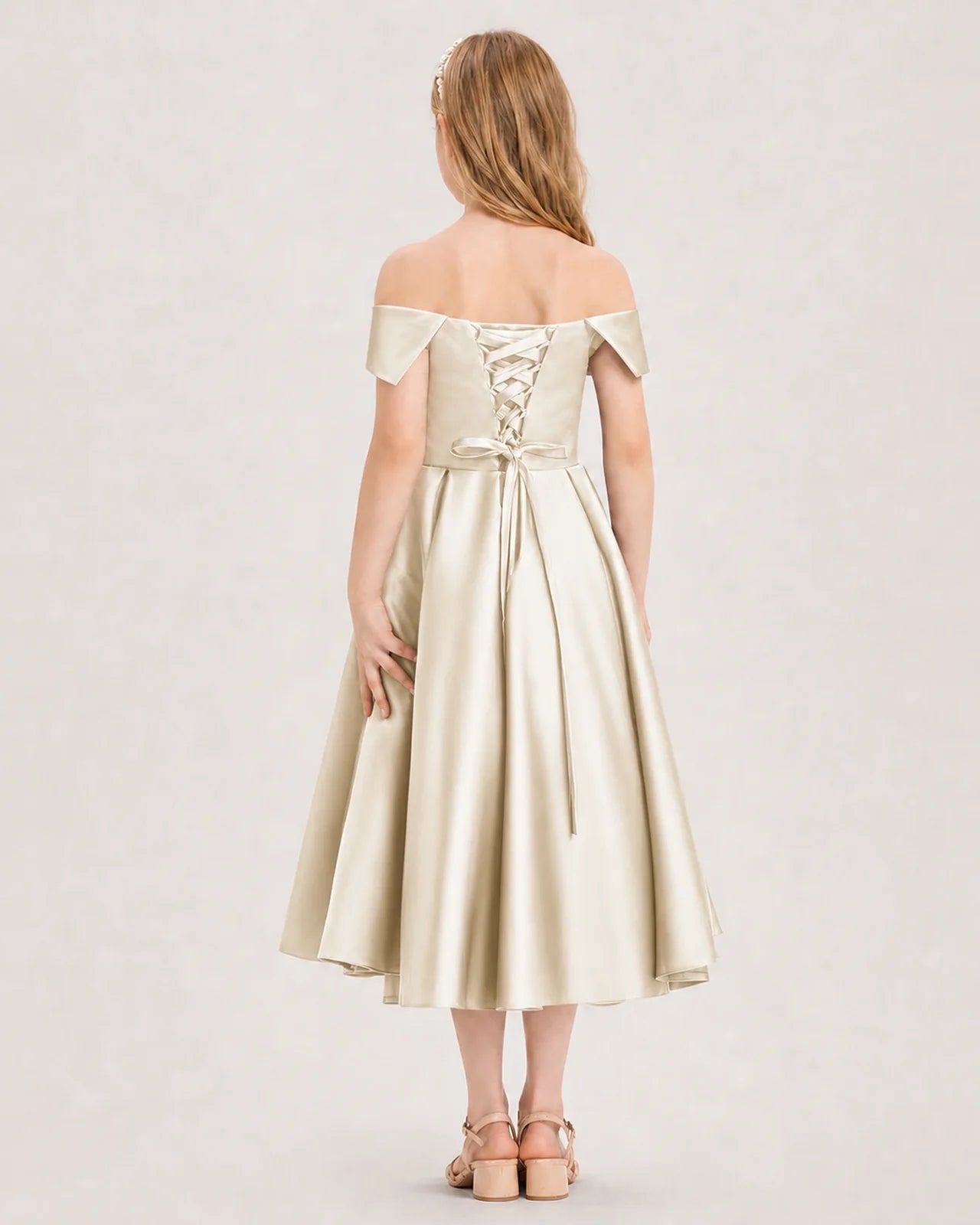 Dideyttawl Off the Shoulder Satin Girl Formal Dress with Lace-Up