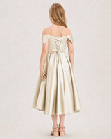 Champagne Satin Off-the-Shoulder Girls Formal Dresses Back View
