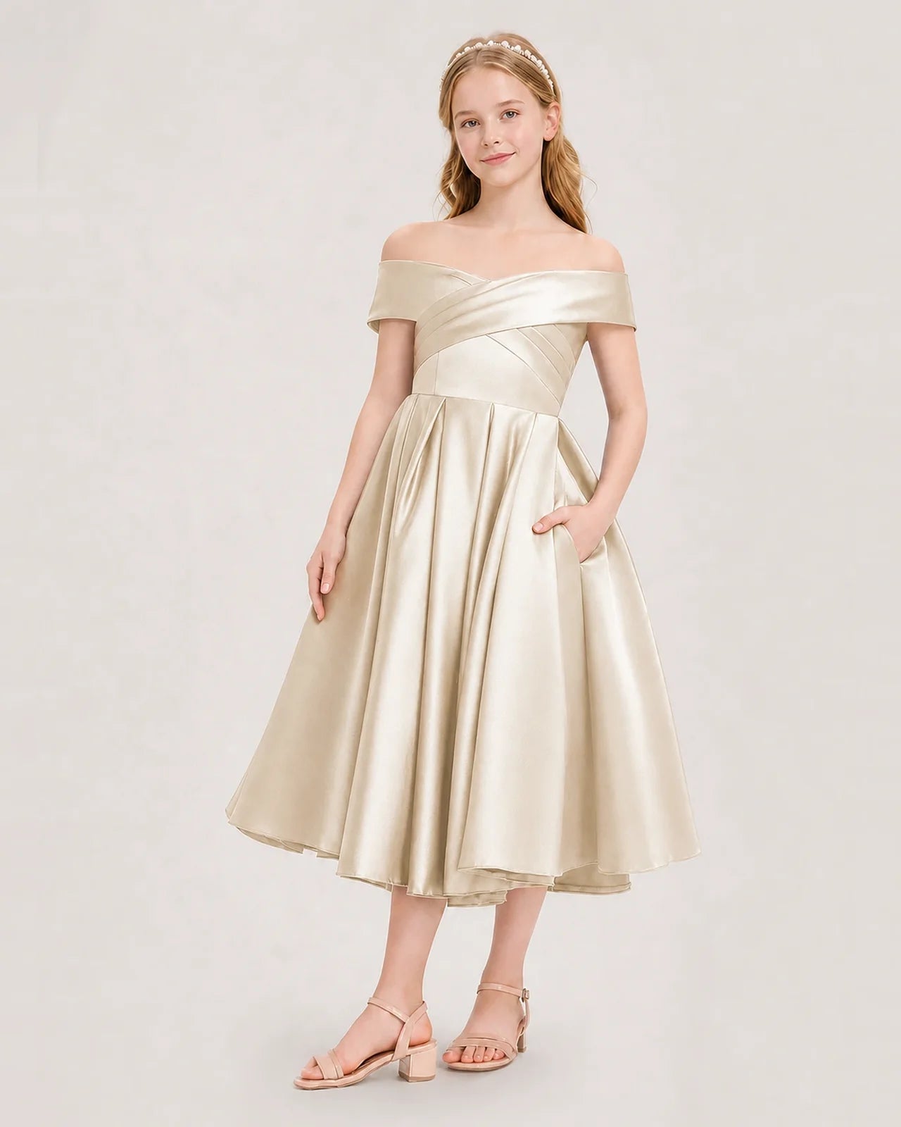 Dideyttawl Off the Shoulder Satin Girl Formal Dress with Lace-Up