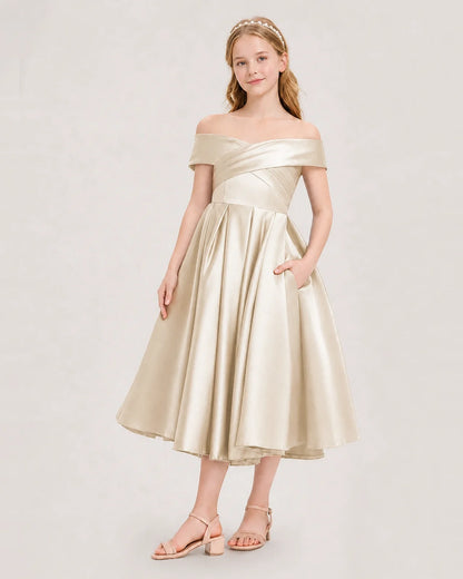 Dideyttawl Off the Shoulder Satin Girl Formal Dress with Lace-Up