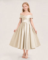 Champagne Satin Off-the-Shoulder A-Line Girls Formal Dresses Front View