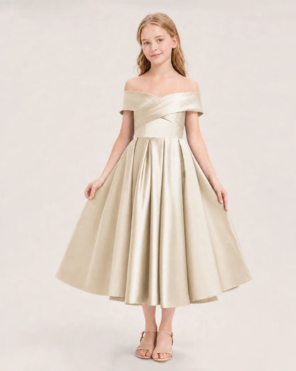 Dideyttawl Off the Shoulder Satin Girl Formal Dress with Lace-Up