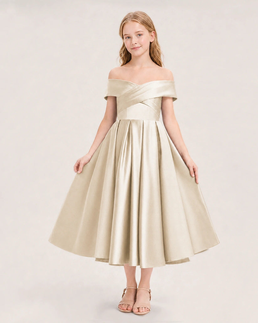 Champagne Satin Off-the-Shoulder A-Line Girls Formal Dresses Front View