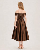 Chocolate Satin Off-the-Shoulder A-Line Girls Formal Dresses Back View